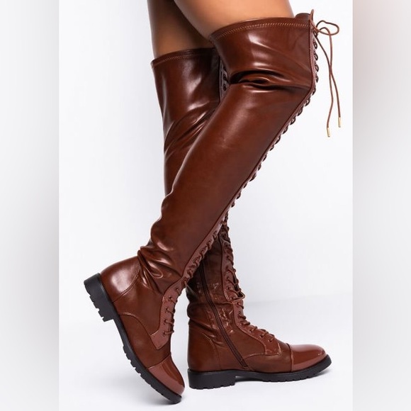 Azalea Wang Shoes - Azalea Wang Tall Brown Vegan Leather Slouchy Knee High Lace Up Riding Boots
